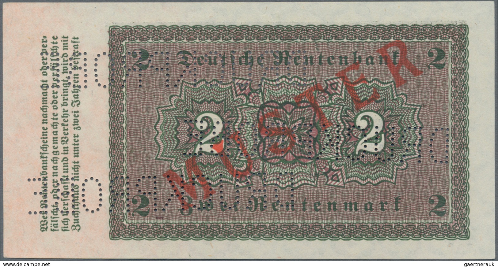 Deutschland - Deutsches Reich Bis 1945: 2 Rentenmark 1923 Muster, Ro.155M, Roter Überdruck "Muster", - Other & Unclassified