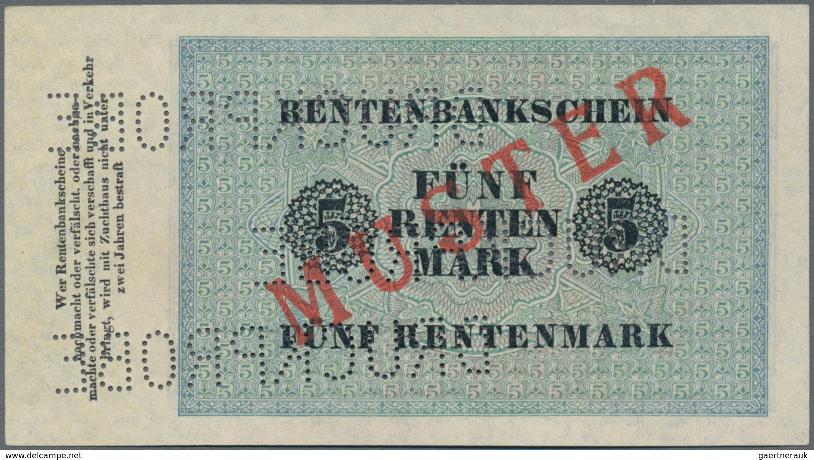 Deutschland - Deutsches Reich Bis 1945: 5 Rentenmark 1923 Muster, Ro.156M, Roter Überdruck "Muster", - Sonstige & Ohne Zuordnung