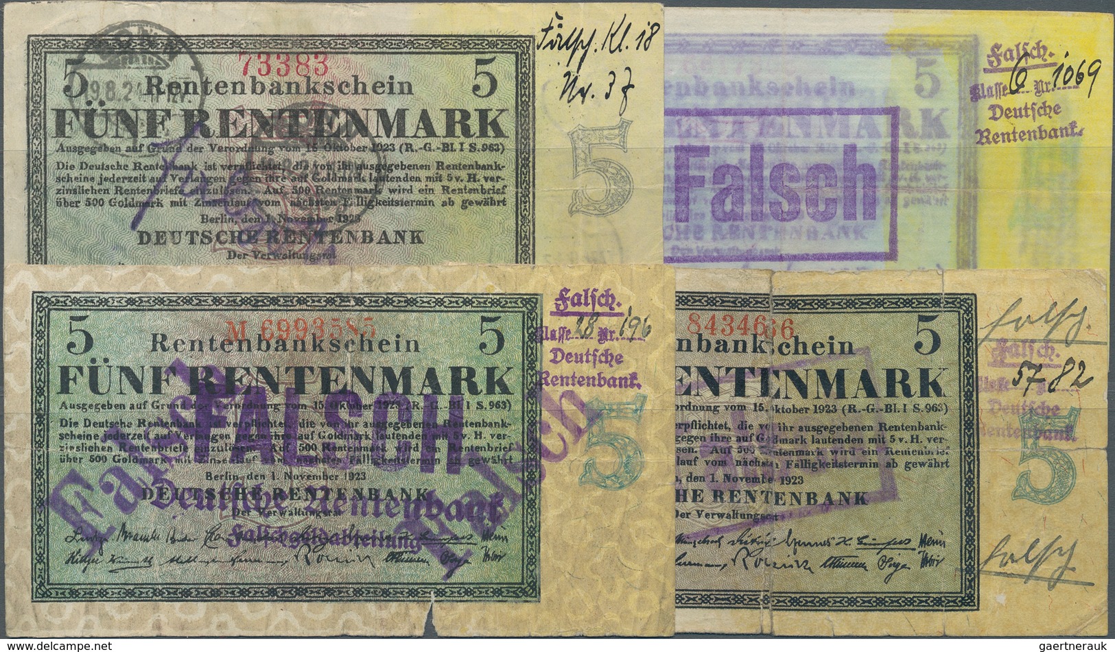 Deutschland - Deutsches Reich Bis 1945: 8 Zeitgenössische Fälschungen Der 5-Rentenmark-Note 1923, Si - Other & Unclassified