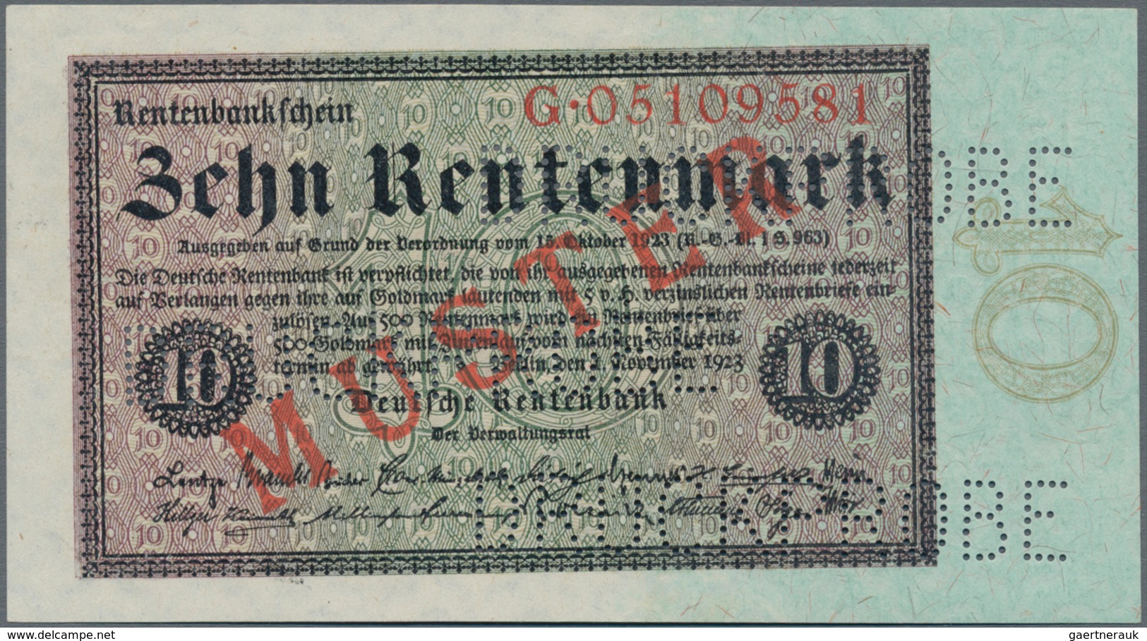 Deutschland - Deutsches Reich Bis 1945: 10 Rentenmark 1923 Muster, Ro.157M, Roter Überdruck "Muster" - Autres & Non Classés