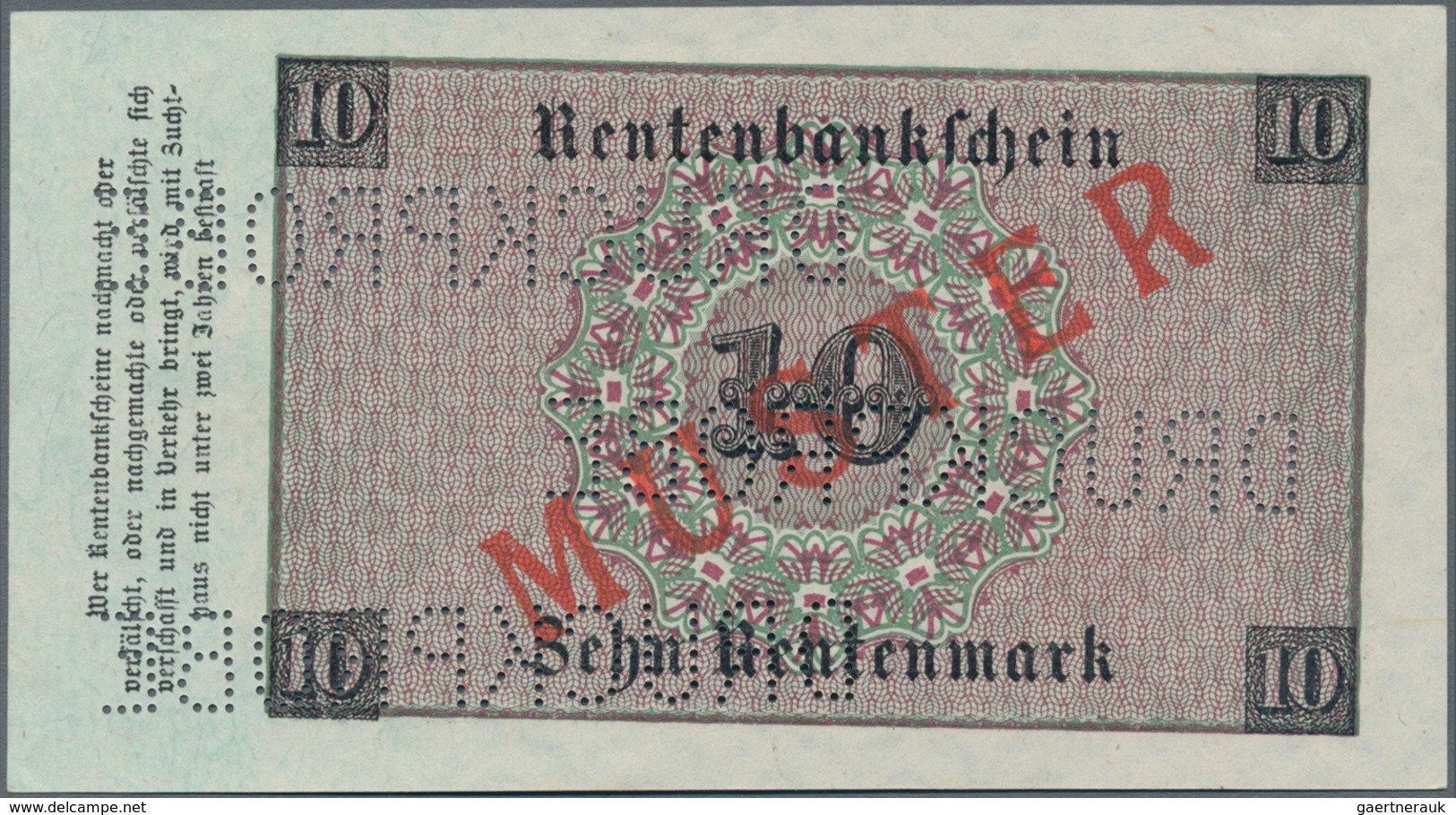 Deutschland - Deutsches Reich Bis 1945: 10 Rentenmark 1923 Muster, Ro.157M, Roter Überdruck "Muster" - Otros & Sin Clasificación