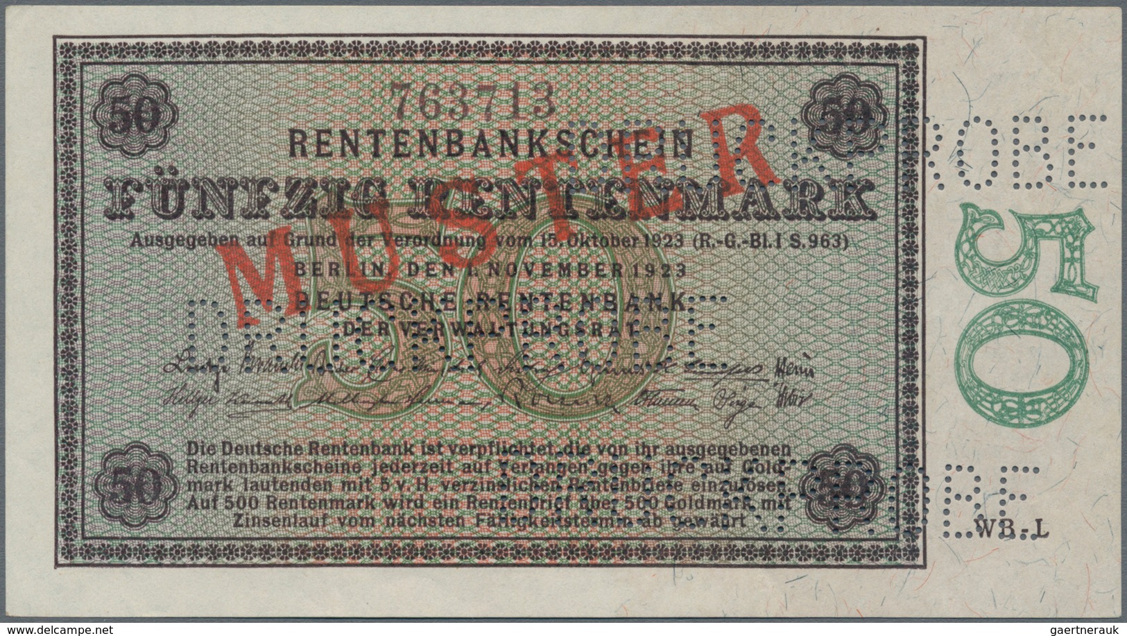 Deutschland - Deutsches Reich Bis 1945: 50 Rentenmark 1923 Muster, Ro.158M, Roter Überdruck "Muster" - Otros & Sin Clasificación