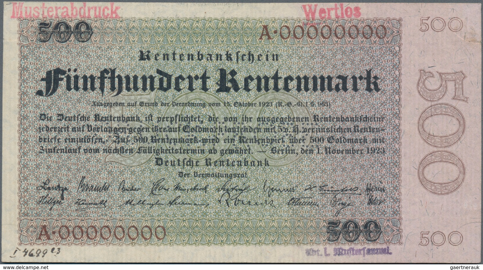 Deutschland - Deutsches Reich Bis 1945: 500 Rentenmark 1923 Archivmuster, Ro.160M, Mit KN A00000000, - Other & Unclassified