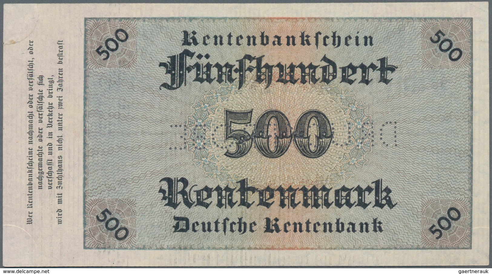 Deutschland - Deutsches Reich Bis 1945: 500 Rentenmark 1923 Archivmuster, Ro.160M, Mit KN A00000000, - Otros & Sin Clasificación