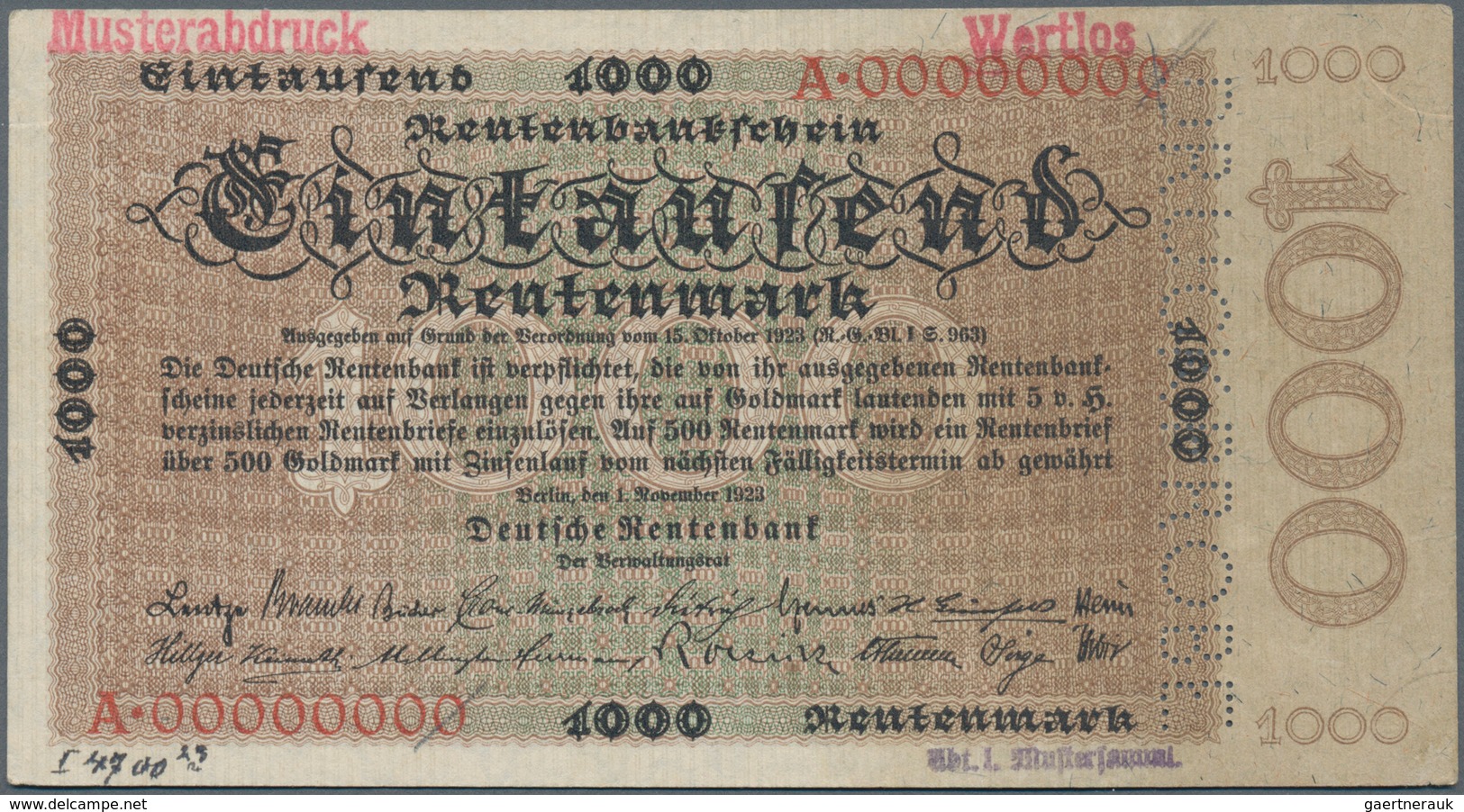 Deutschland - Deutsches Reich Bis 1945: 1000 Rentenmark 1923 Archivmuster, Ro.161M, Mit KN A00000000 - Autres & Non Classés