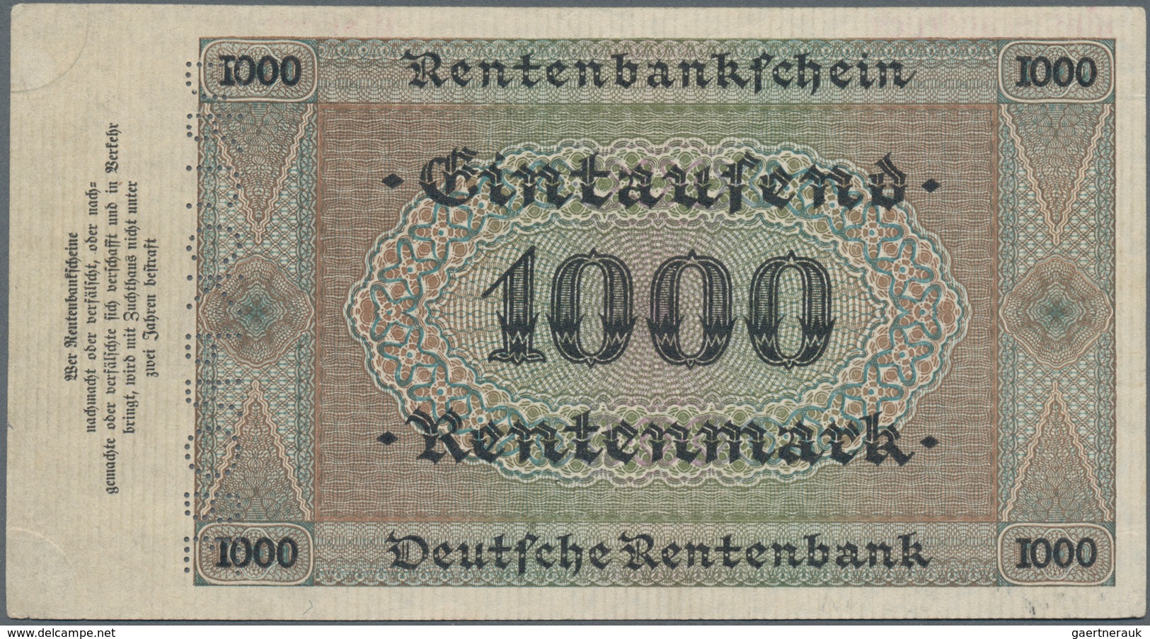 Deutschland - Deutsches Reich Bis 1945: 1000 Rentenmark 1923 Archivmuster, Ro.161M, Mit KN A00000000 - Altri & Non Classificati