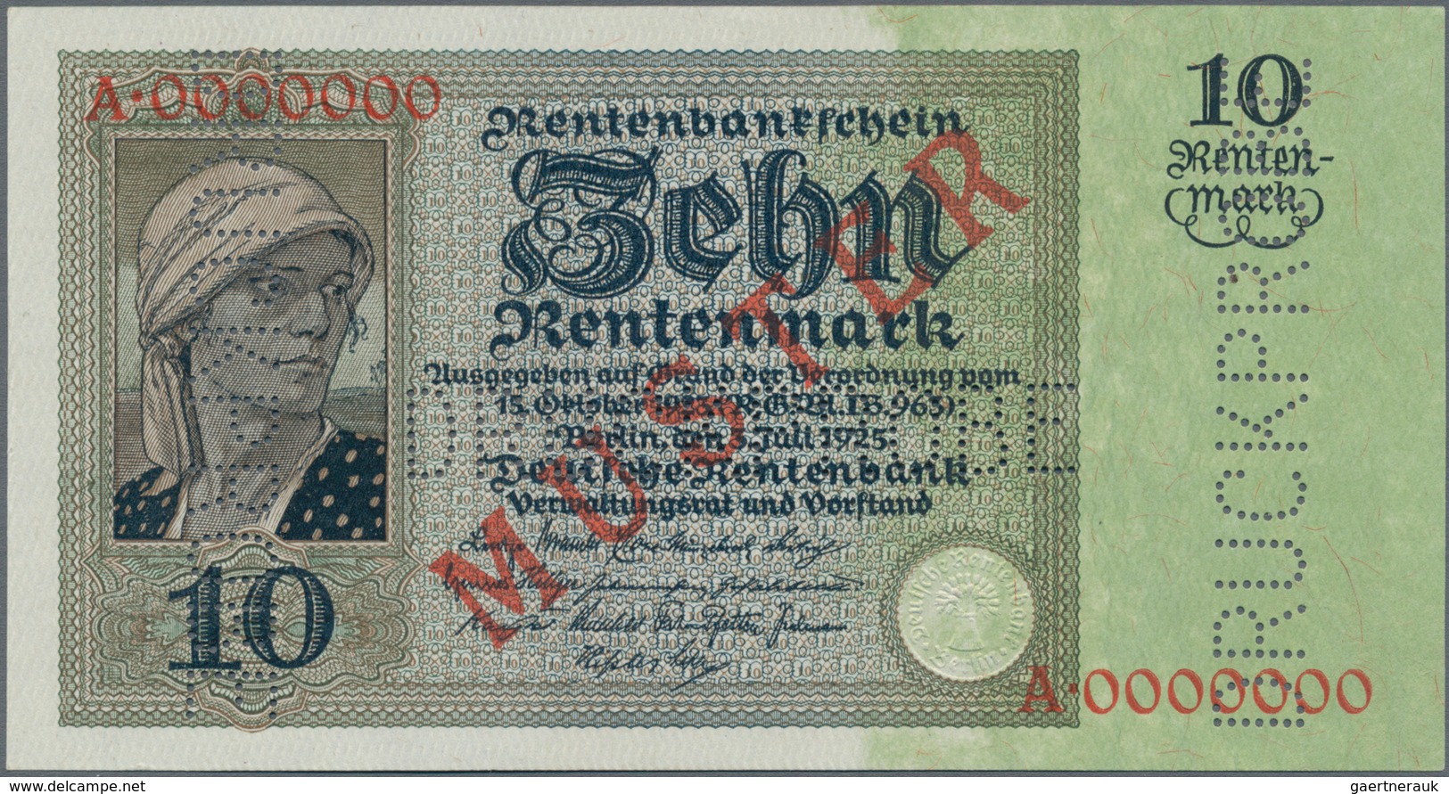 Deutschland - Deutsches Reich Bis 1945: 10 Rentenmark 1925 Muster, Ro.163M, Roter Überdruck "Muster" - Other & Unclassified
