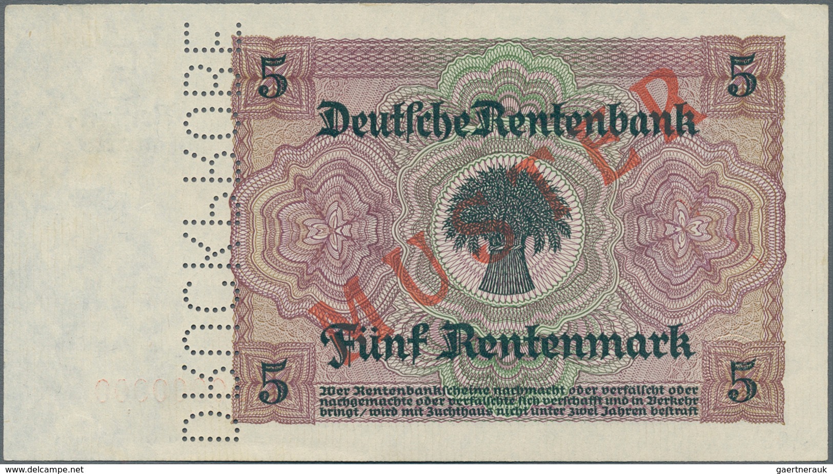Deutschland - Deutsches Reich Bis 1945: 5 Rentenmark 1926 MUSTER, Ro.164M Mit KN A0000000, Rotem Übe - Altri & Non Classificati