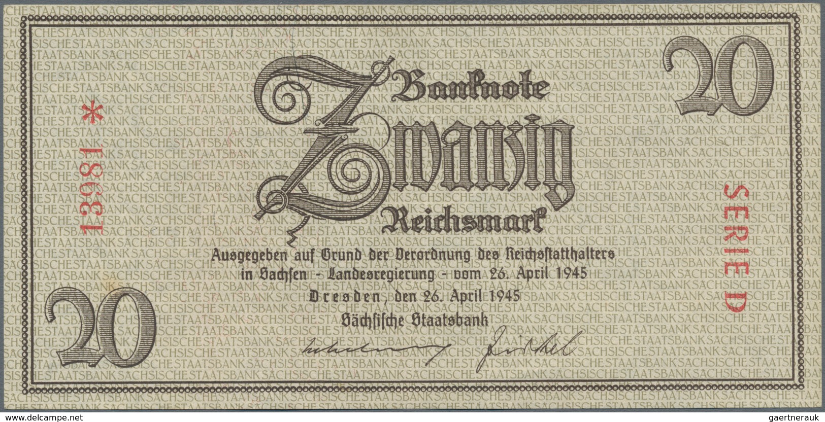 Deutschland - Deutsches Reich Bis 1945: Sächsische Staatsbank 1945, 20 Reichsmark, 26.4.1945, Serie - Other & Unclassified