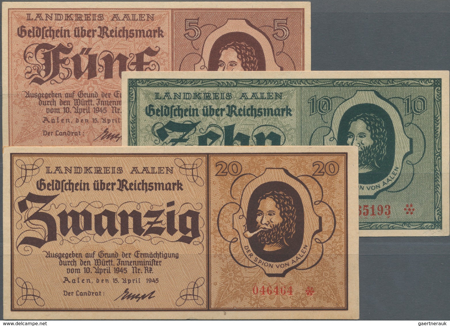Deutschland - Alliierte Miltärbehörde + Ausgaben 1945-1948: Aalen, Landkreis, 5, 10, 20 Reichsmark, - Autres & Non Classés