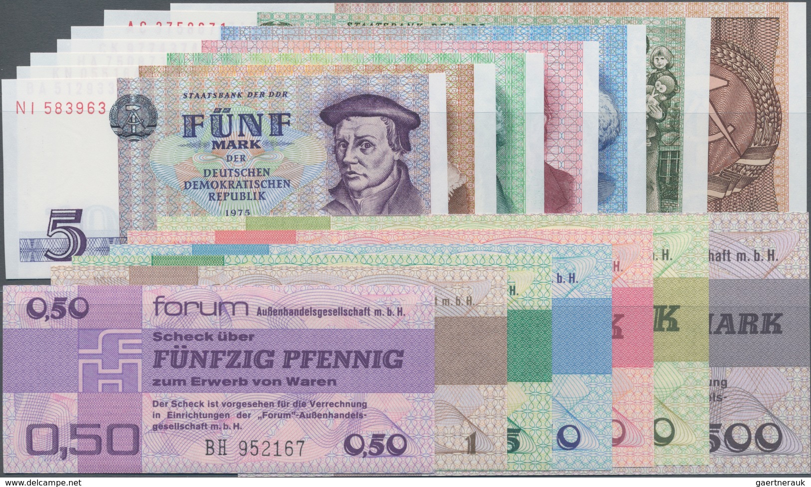 Deutschland - DDR: Banknotensatz 1971-1985 Von 5 Bis 500 Mark Und Kompletter Satz Forumschecks 1979 - Altri & Non Classificati