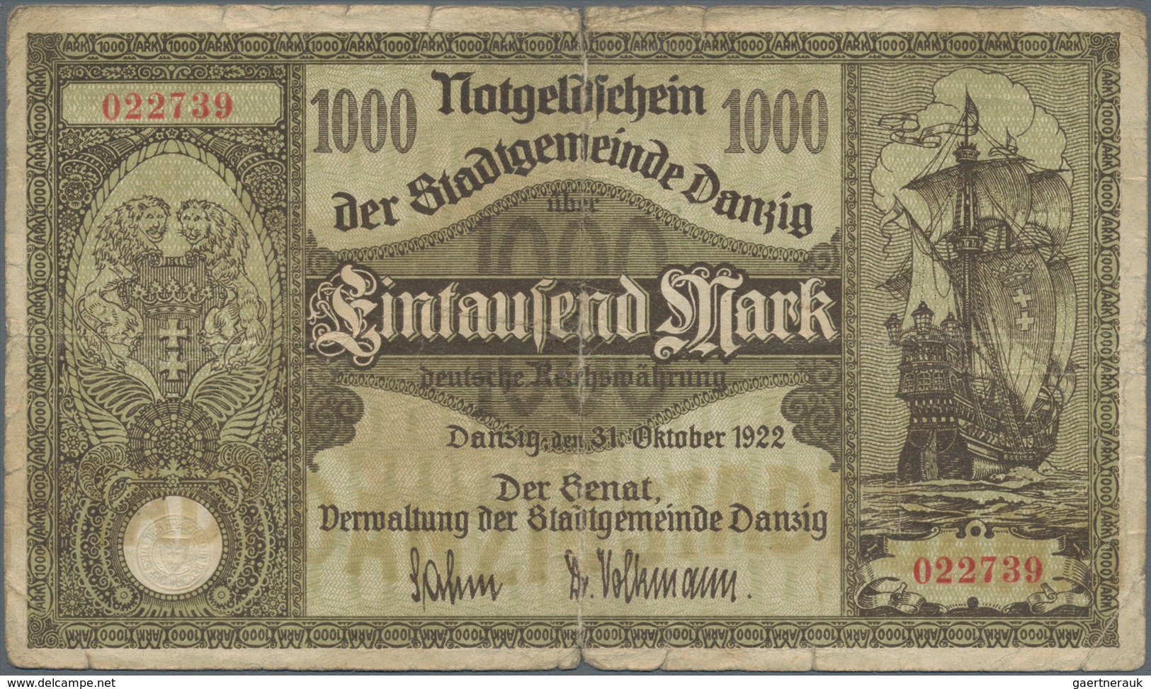 Deutschland - Nebengebiete Deutsches Reich: Danzig - Stadtgemeinde, 1000 Mark 31.10.1922, Ro.794, St - Andere & Zonder Classificatie
