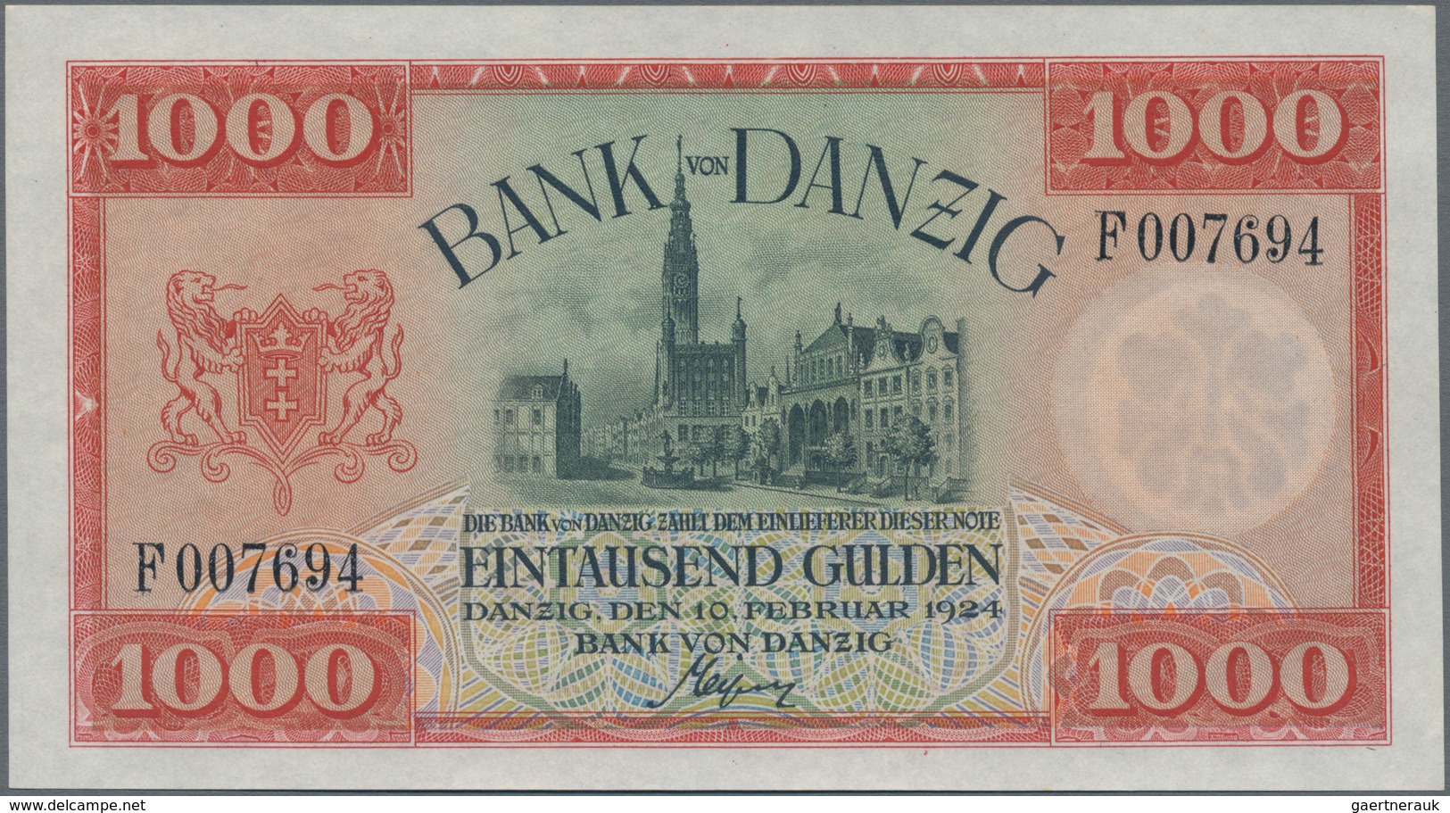 Deutschland - Nebengebiete Deutsches Reich: Danzig - Bank Von Danzig, 1000 Gulden 10.02.1924, Ro.837 - Autres & Non Classés