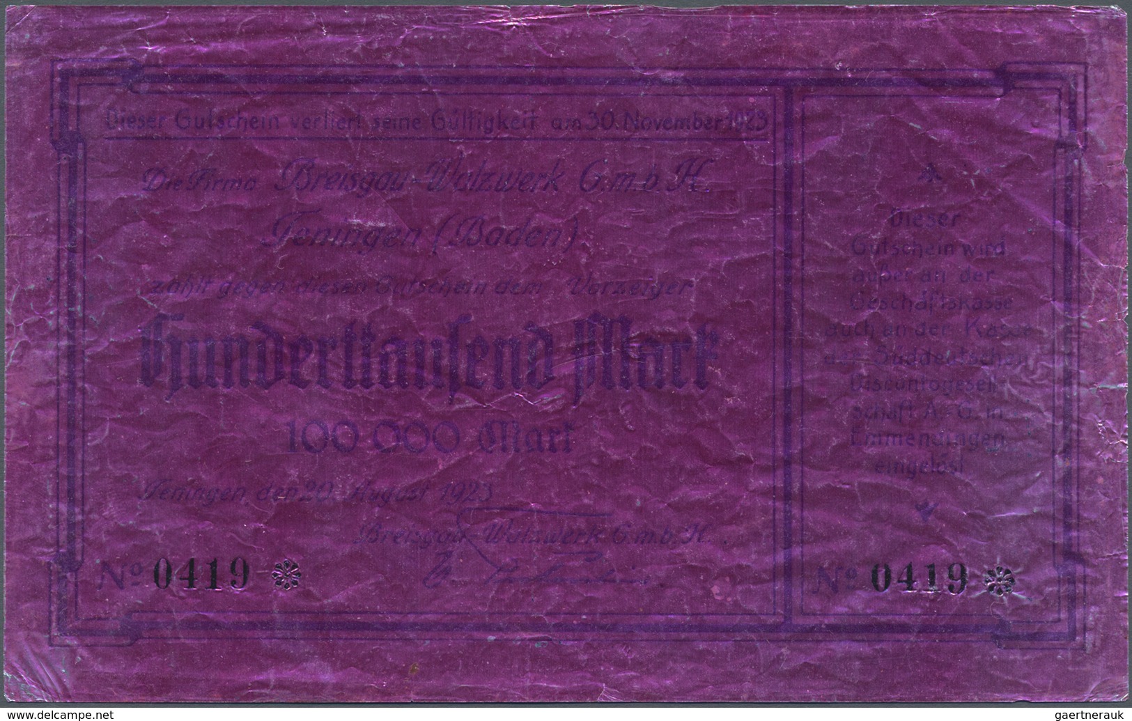 Deutschland - Notgeld Besonderer Art: Teningen, Breisgau-Walzwerk GmbH, 100 Tsd. Mark, 20.8.1923, Al - Autres & Non Classés