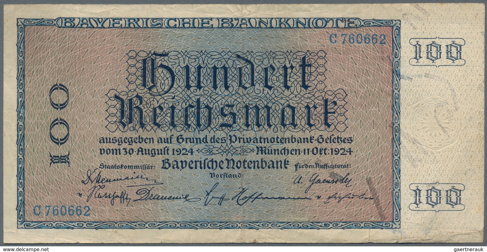Deutschland - Länderscheine: 100 Reichsmark 1924, Ro.BAY24, Serie "C", Leicht Fleckiges Papier Mit E - Autres & Non Classés