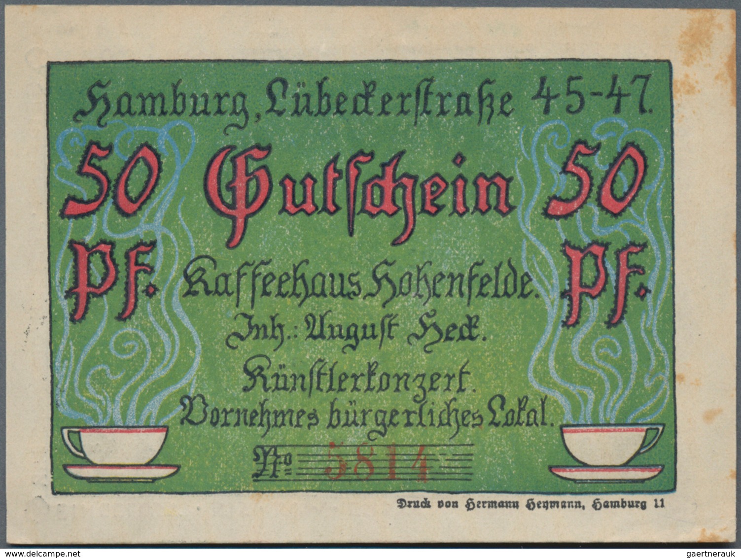 Deutschland - Notgeld - Hamburg: Hamburg, Kaffeehaus Hohenfelde, 50 Pf., O. D. - 1.4.1922, Mit KN, O - [11] Lokale Uitgaven