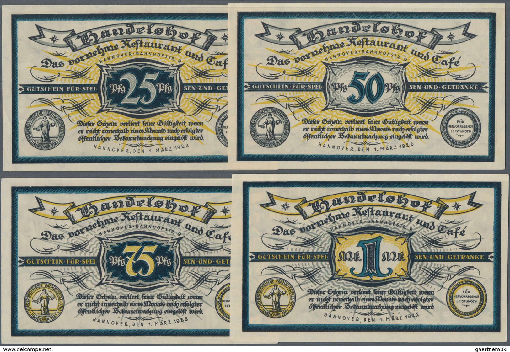 Deutschland - Notgeld - Niedersachsen: Hannover, Handelshof, 25, 50, 75 Pf., 1 Mark, 1.3.1922, Erh. - [11] Emissioni Locali