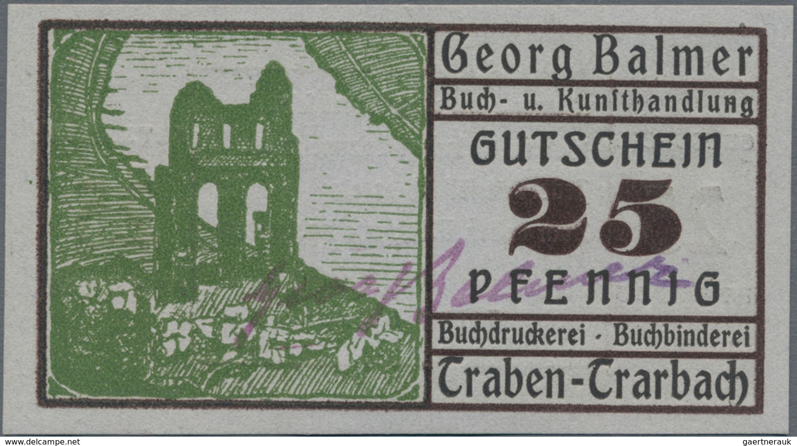 Deutschland - Notgeld - Rheinland: Traben-Trarbach, Buchhandlung Georg Balmer, 25, 50 Pf., 15.7.1921 - [11] Emissions Locales