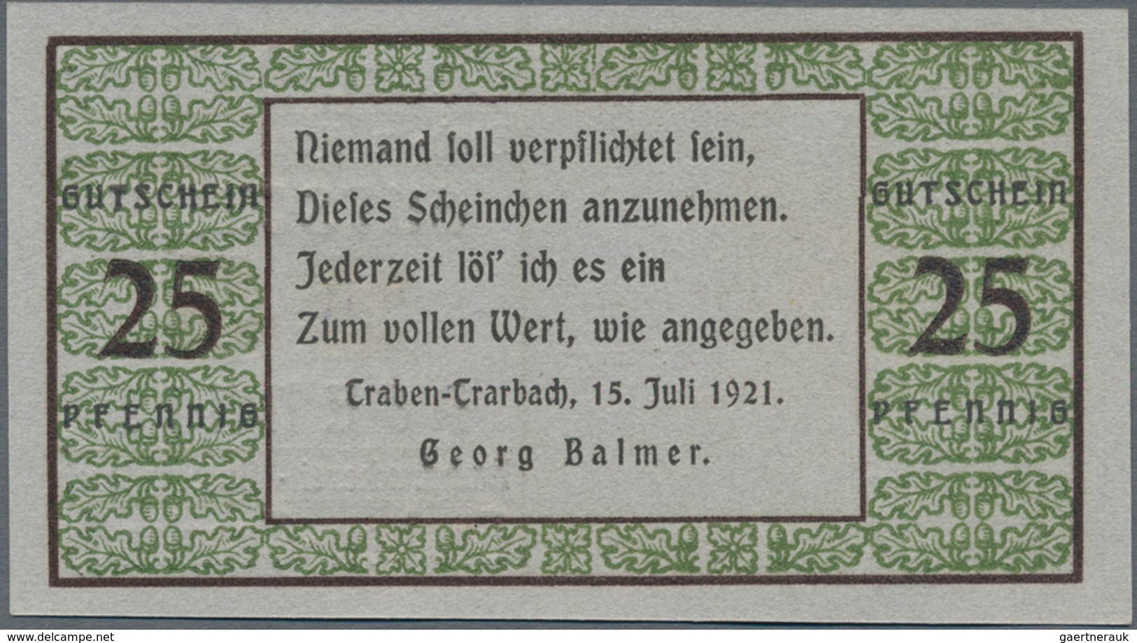 Deutschland - Notgeld - Rheinland: Traben-Trarbach, Buchhandlung Georg Balmer, 25, 50 Pf., 15.7.1921 - [11] Emissions Locales