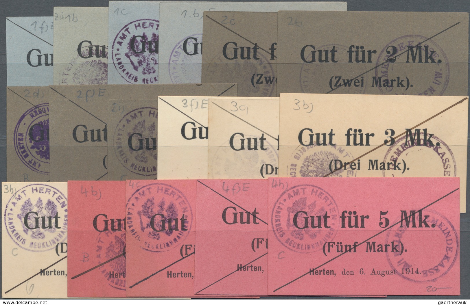 Deutschland - Notgeld - Westfalen: Herten, Amt, 1 (4), 2 (5), 3 (4), 5 (4) Mark, 6.8.1914, Kartons M - Otros & Sin Clasificación