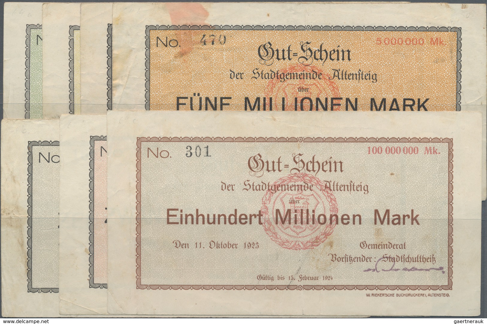 Deutschland - Notgeld - Württemberg: Altensteig, Stadtgemeinde, 100, 500 Tsd., 1 Mio. Mark, 8.8.1923 - [11] Emissions Locales