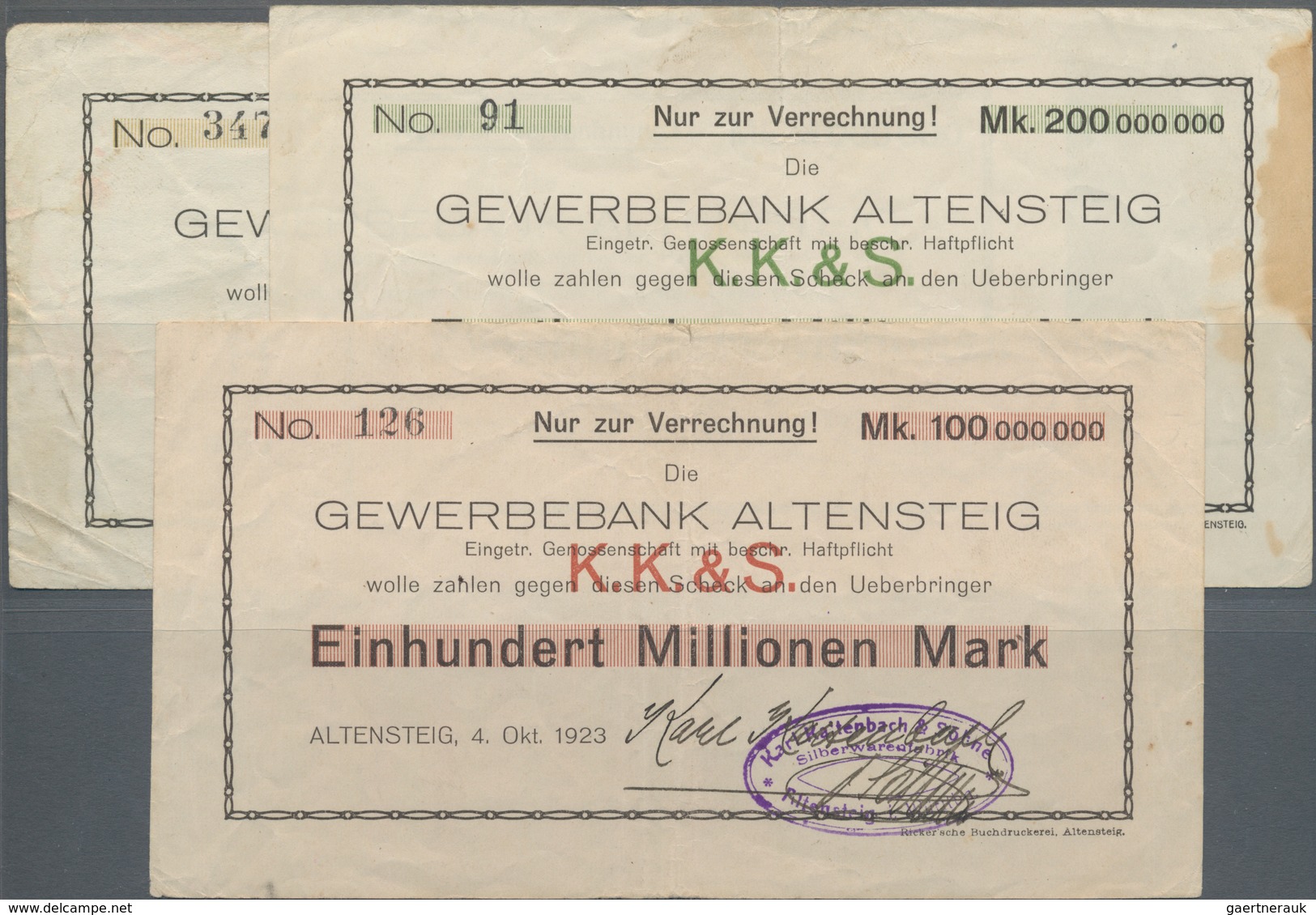 Deutschland - Notgeld - Württemberg: Altensteig, Karl Kaltenbach, 5 Mio. Mark, 1.9.1923; 100 Mio. Ma - Lokale Ausgaben