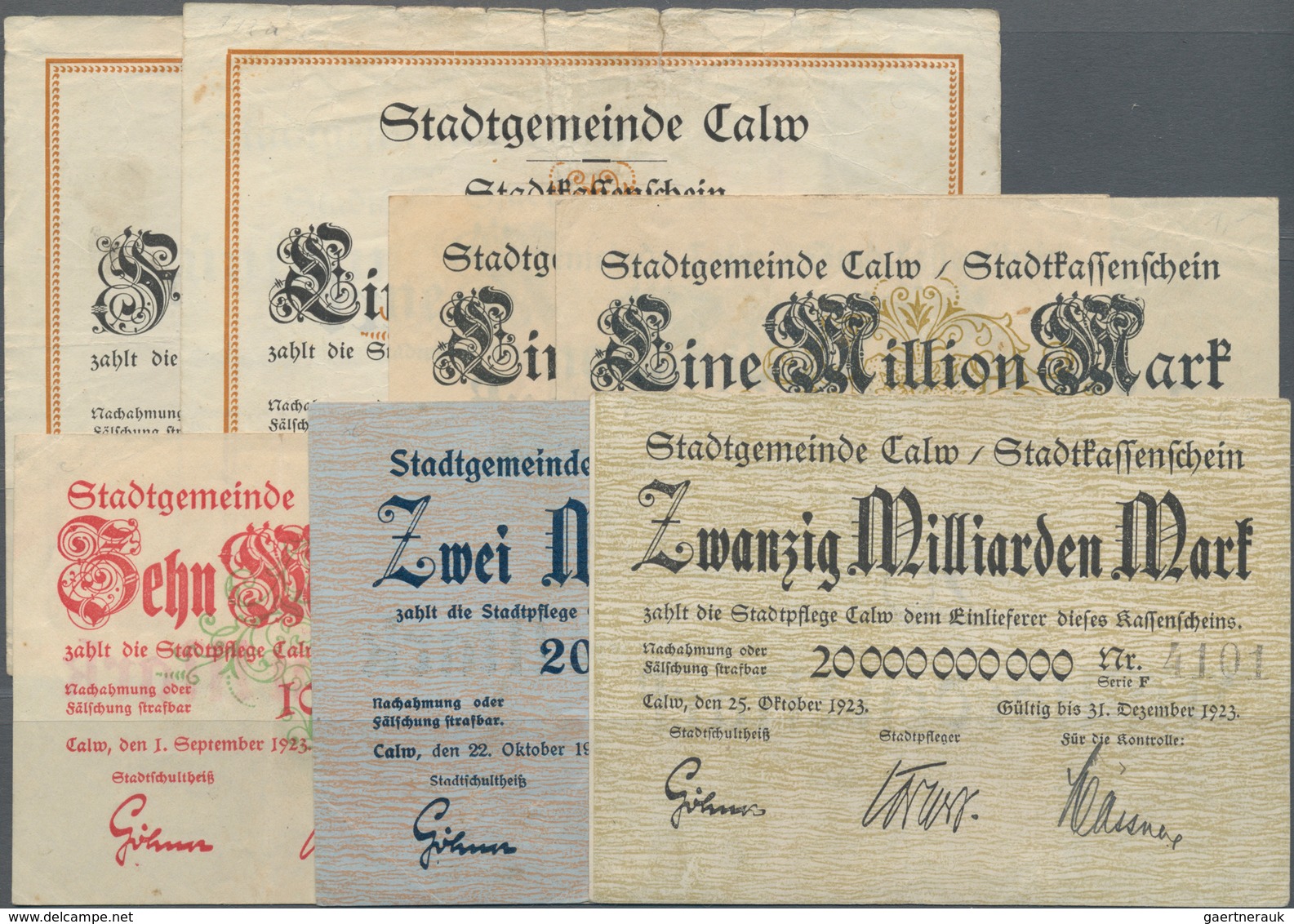 Deutschland - Notgeld - Württemberg: Calw, Stadt, 500 Tsd, 1 Mio. Mark, 10.8.1923; 1 Mio. Mark, 20.8 - [11] Emissions Locales