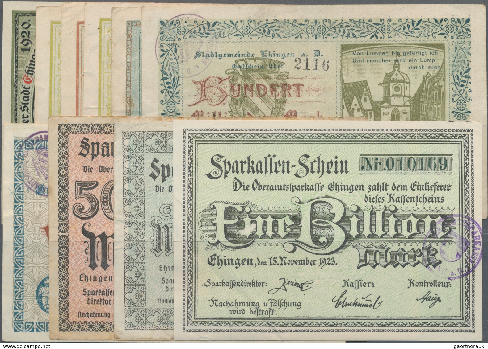 Deutschland - Notgeld - Württemberg: Ehingen, Stadt, 25 Pf., 1918; 1, 5, 10 Mrd. Mark, 25.10.1923; 2 - [11] Lokale Uitgaven