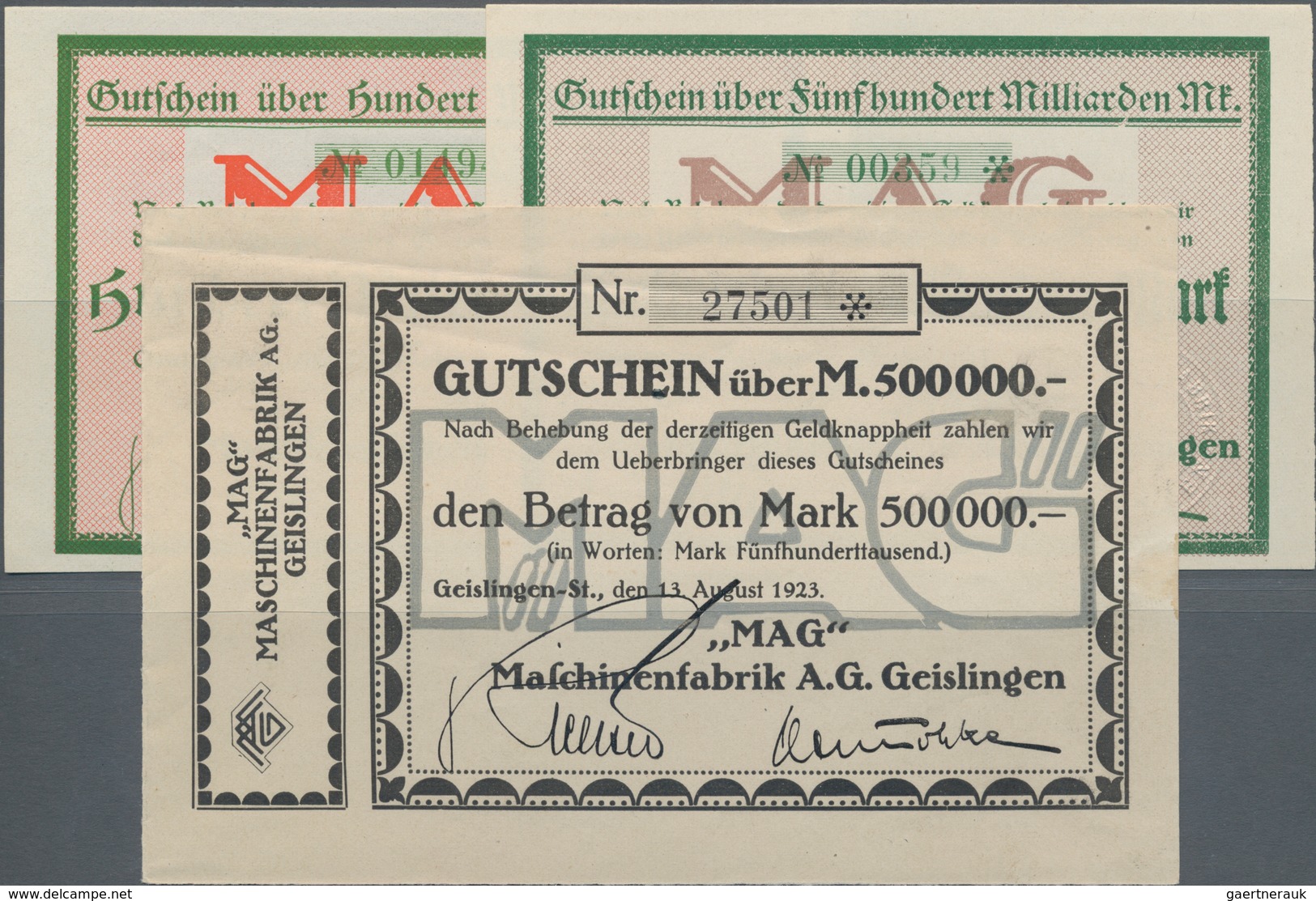 Deutschland - Notgeld - Württemberg: Geislingen, "MAG" Maschinenfabrik AG, 500 Tsd. Mark, 13.8.1923, - [11] Emissioni Locali