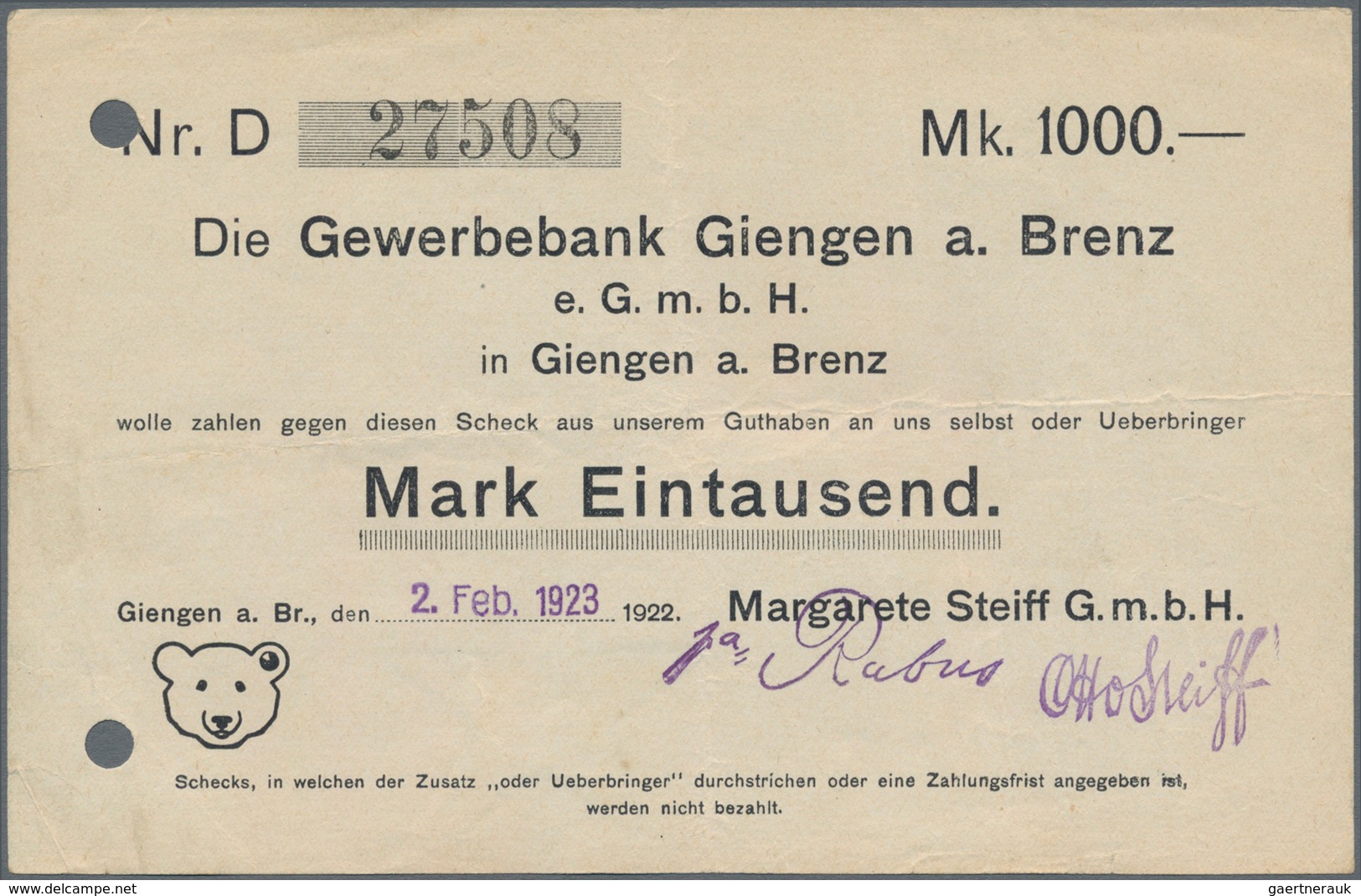 Deutschland - Notgeld - Württemberg: Giengen, Margarete Steiff GmbH, 1000 Mark, 2. Feb. 1923 (Datum - [11] Emissioni Locali