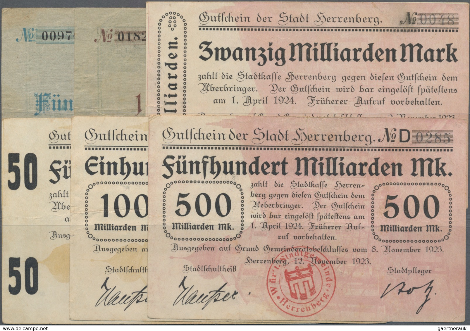 Deutschland - Notgeld - Württemberg: Herrenberg, Stadt, 500 Tsd., 1 Mio. Mark, 20.8.1923; 20, 50 Mrd - [11] Local Banknote Issues