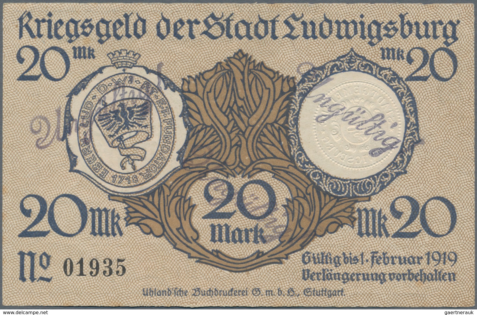 Deutschland - Notgeld - Württemberg: Ludwigsburg, Stadt, 5, 20 Mark, 24.10.1918, Mit KN Und Stempeln - [11] Emisiones Locales