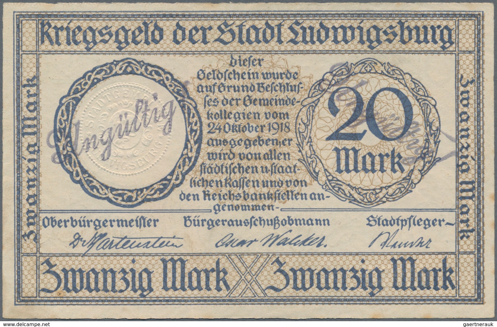 Deutschland - Notgeld - Württemberg: Ludwigsburg, Stadt, 5, 20 Mark, 24.10.1918, Mit KN Und Stempeln - [11] Emisiones Locales