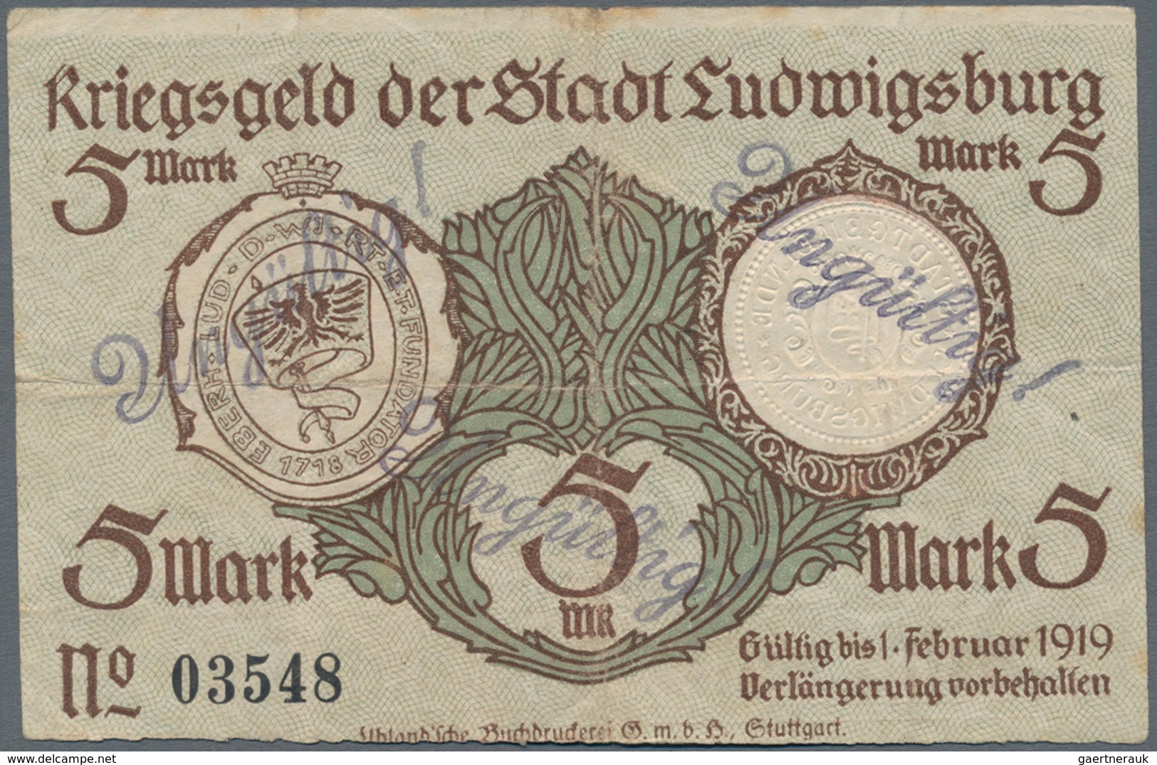 Deutschland - Notgeld - Württemberg: Ludwigsburg, Stadt, 5, 20 Mark, 24.10.1918, Mit KN Und Stempeln - [11] Emisiones Locales