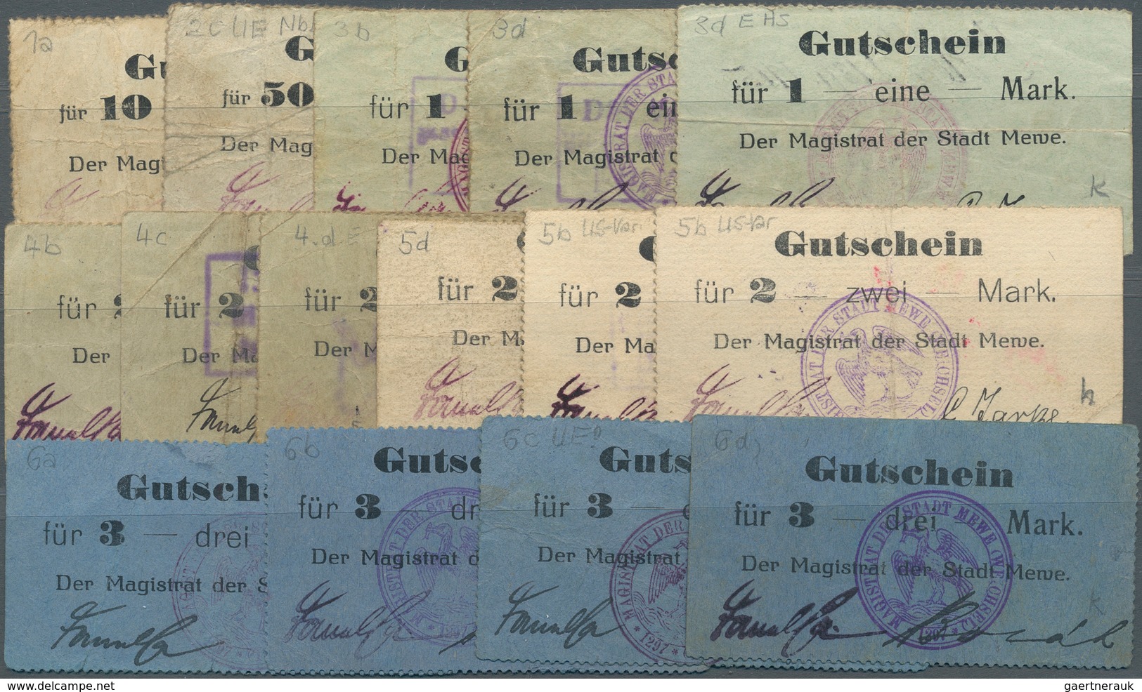 Deutschland - Notgeld - Ehemalige Ostgebiete: Mewe, Westpreußen, Magistrat, 10, 50 Pf., 1 (3), 2 (6, - Other & Unclassified