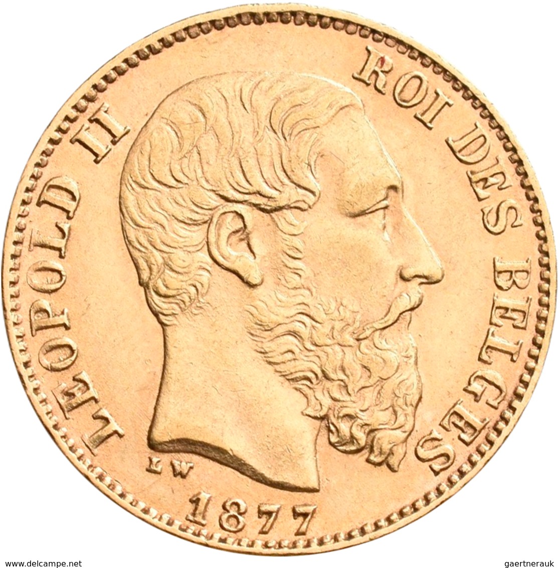 Belgien - Anlagegold: Leopold II. 1865-1909: 20 Francs 1877 LW (Pos. A), KM# 37, Friedberg 412. 6,46 - Other & Unclassified