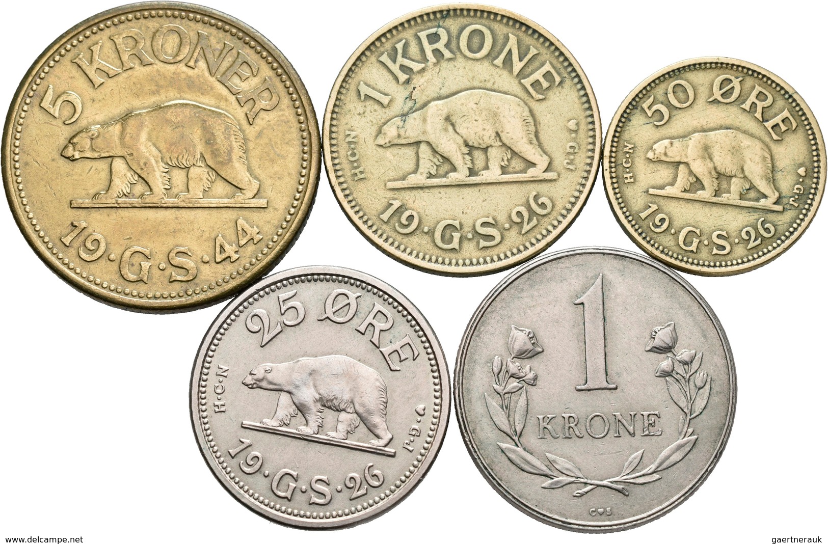 Grönland: Lot 5 Münzen: 25 Öre 1926, 50 Öre 1926, 1 Krone 1926, 5 Kroner 1944, 1 Krone 1960. - Groenlandia