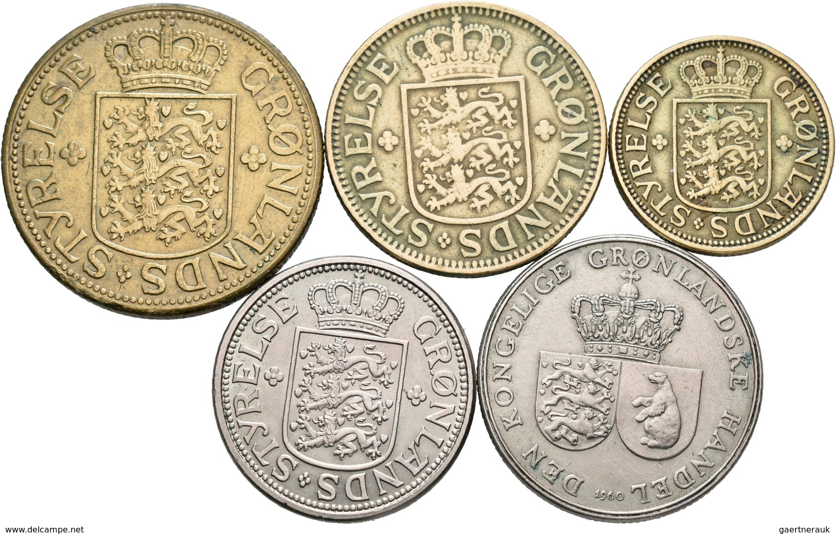 Grönland: Lot 5 Münzen: 25 Öre 1926, 50 Öre 1926, 1 Krone 1926, 5 Kroner 1944, 1 Krone 1960. - Groenlandia