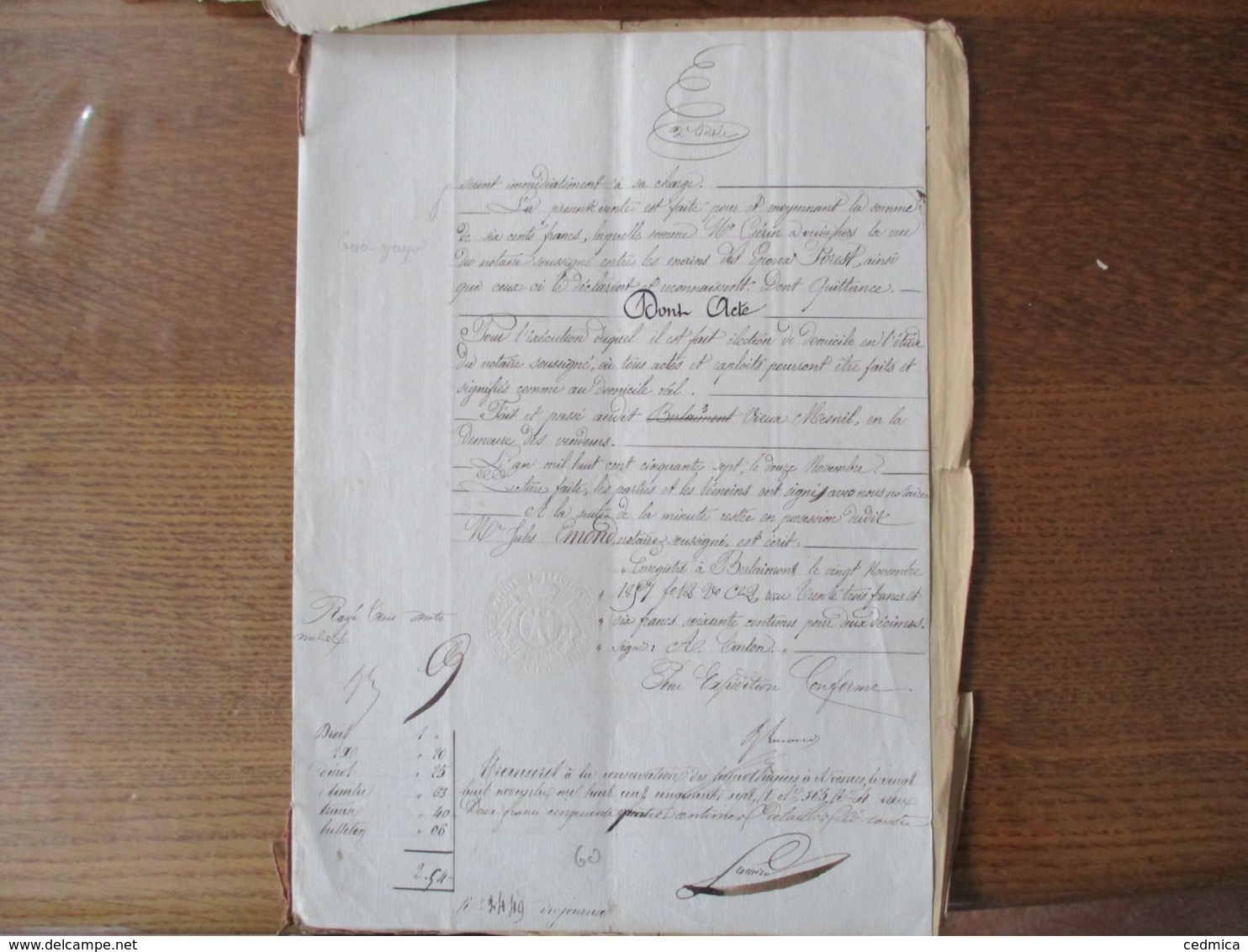 12 NOVEMBRE 1857 VENTE PAR MICHEL FOREST PROPRIETAIRE A VIEUX MESNIL A  AIME GUERIN A BOUSSIERES DE PRAIRIE A BOUSSIERES - Manuscrits