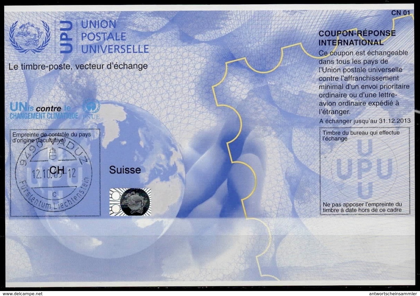 LIECHTENSTEIN ( SUISSE )  VADUZ 12.10.2009 on Int. Reply Coupon Reponse Antwortschein IAS IRC Hologram Na34 20090717 AB - Malawi (1964-...)