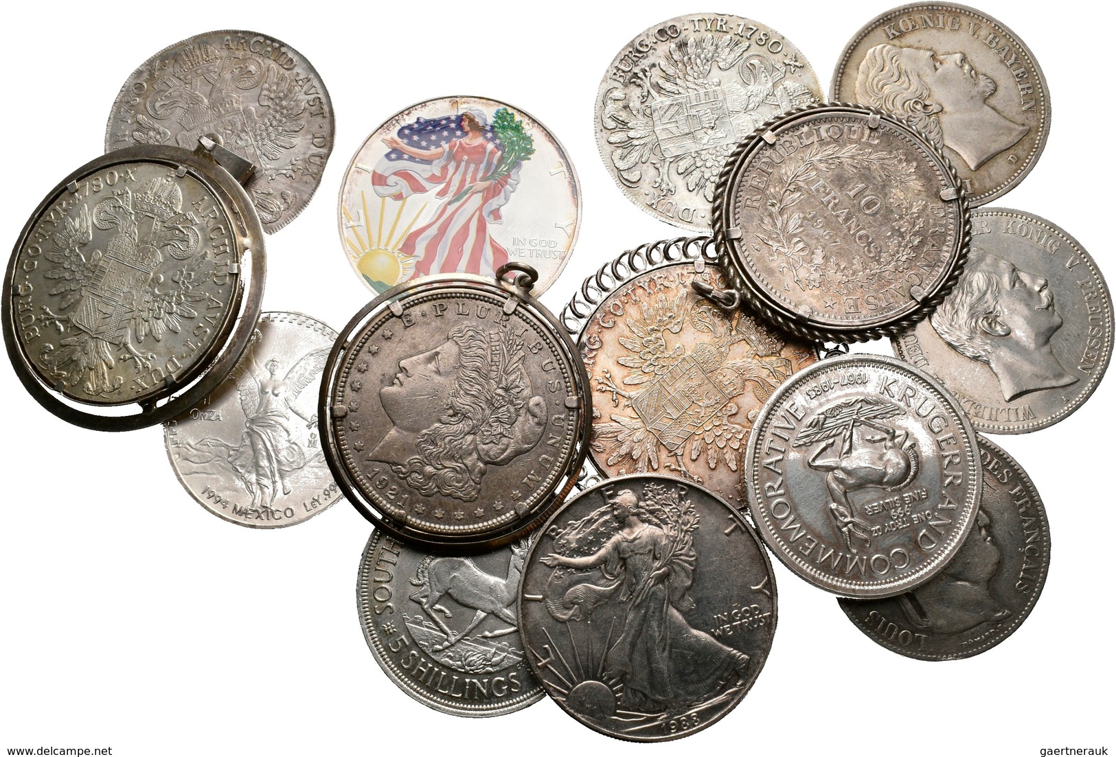 Alle Welt: Kleines Lot Silbermünzen, Dabei: 4 X MT-Taler 1780 (2x Gefasst); 2 X 5 Mark (Preußen+Baye - Autres & Non Classés