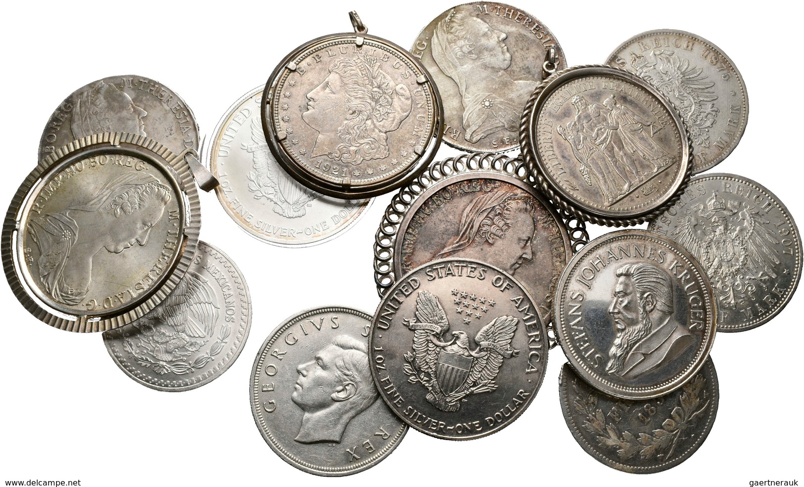 Alle Welt: Kleines Lot Silbermünzen, Dabei: 4 X MT-Taler 1780 (2x Gefasst); 2 X 5 Mark (Preußen+Baye - Autres & Non Classés