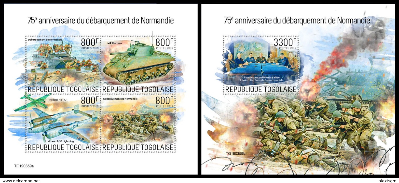 TOGO 2019 - WW2: Normandy, M/S + S/S. Official Issue - WW2 (II Guerra Mundial)