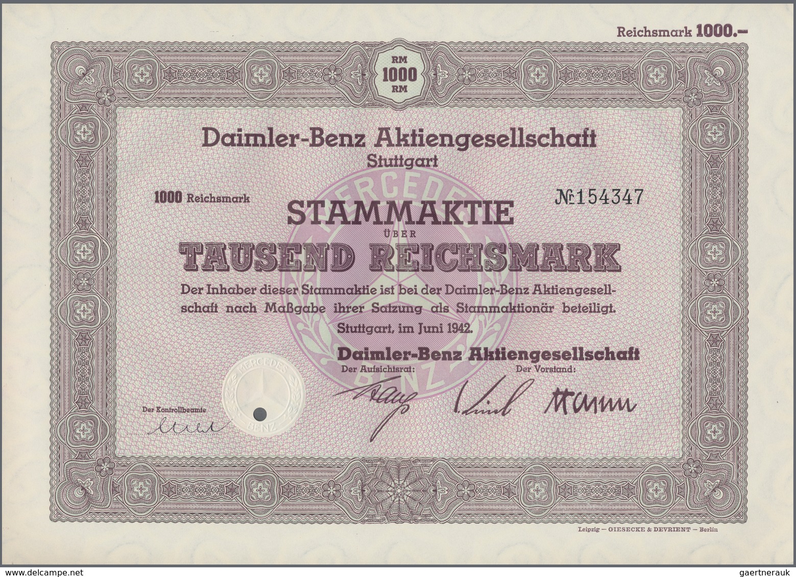 Alte Aktien / Wertpapiere: DEUTSCHLAND, Stuttgart (BaWü). Stammaktie über 1.000 Reichsmark, # 154347 - Sonstige & Ohne Zuordnung