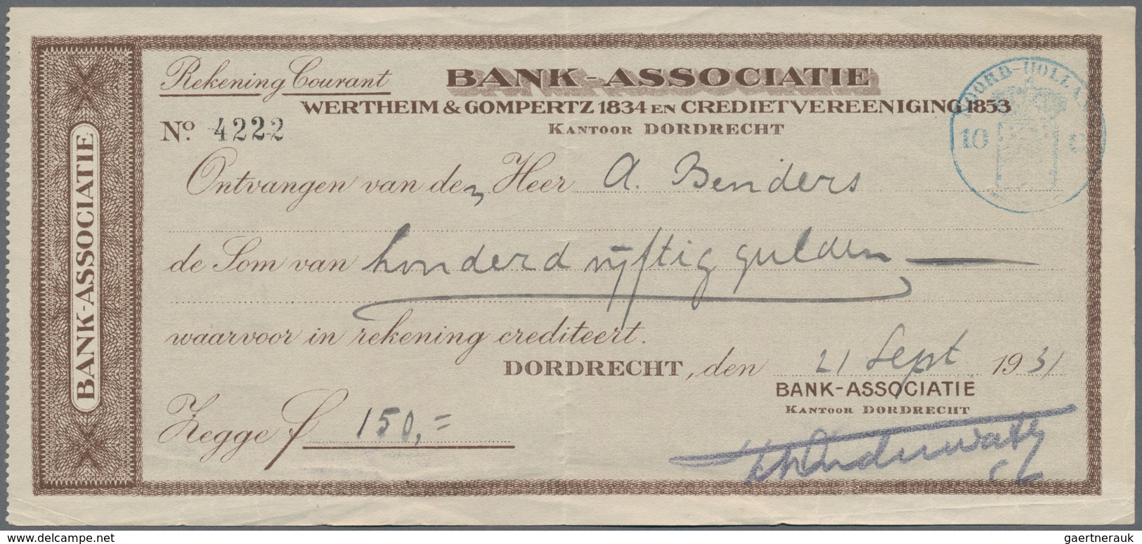 Alte Aktien / Wertpapiere: SCHECK: Niederlande, Dordrecht: 3 Schecks Der Bank-Associatie Wertheim & - Sonstige & Ohne Zuordnung