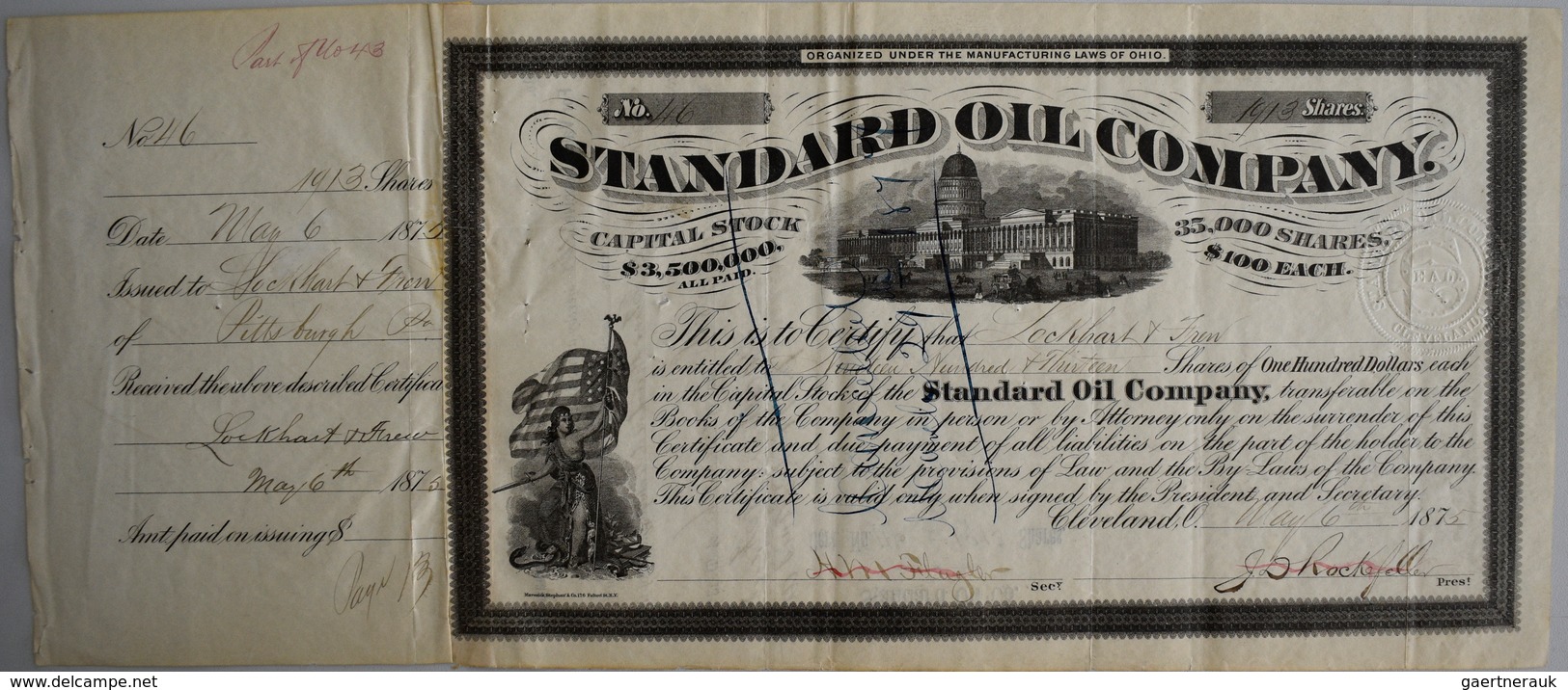 Alte Aktien / Wertpapiere: USA, Standard Oil Company. Cleveland, Ohio, 06.05.1875. 1913 Shares A USD - Sonstige & Ohne Zuordnung