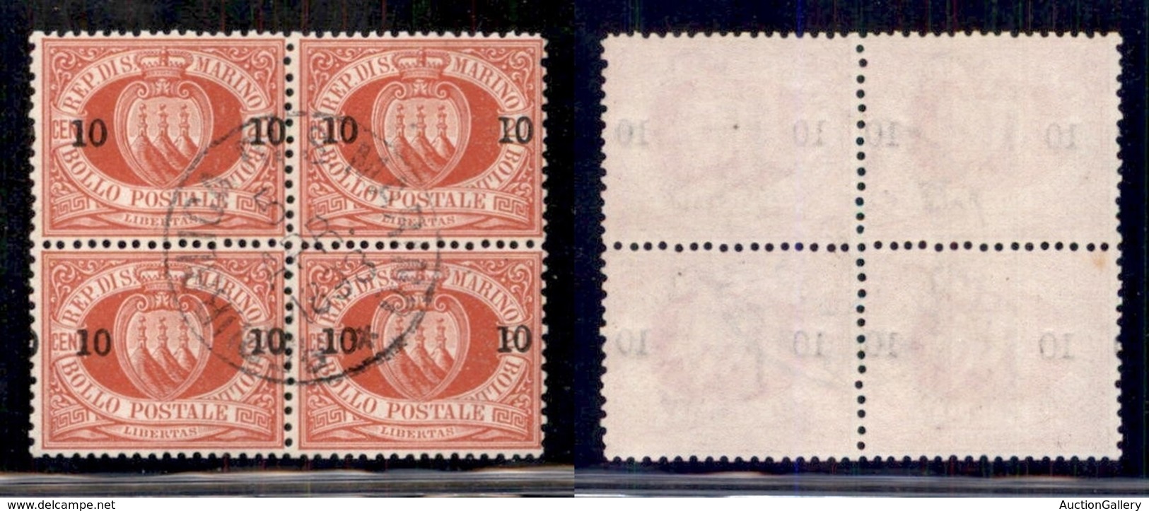 SAN MARINO - 1892 - 10 Su 20 Cent Stemma (11) - Quartina - Usato (110) - Autres & Non Classés
