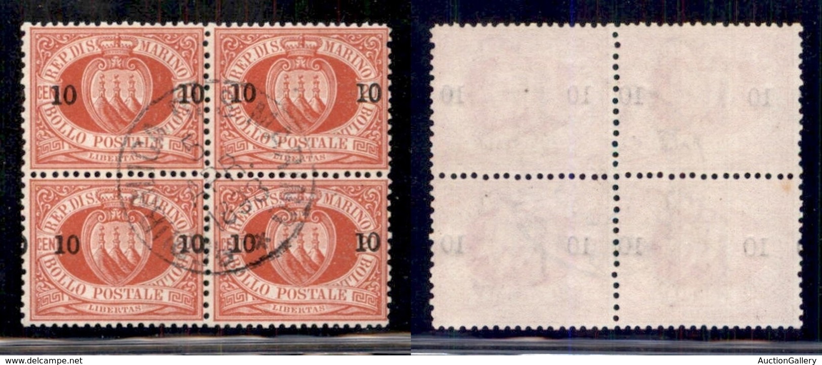 SAN MARINO - 1892 - 10 Su 20 Cent Stemma (11) - Quartina - Usato (110) - Otros & Sin Clasificación