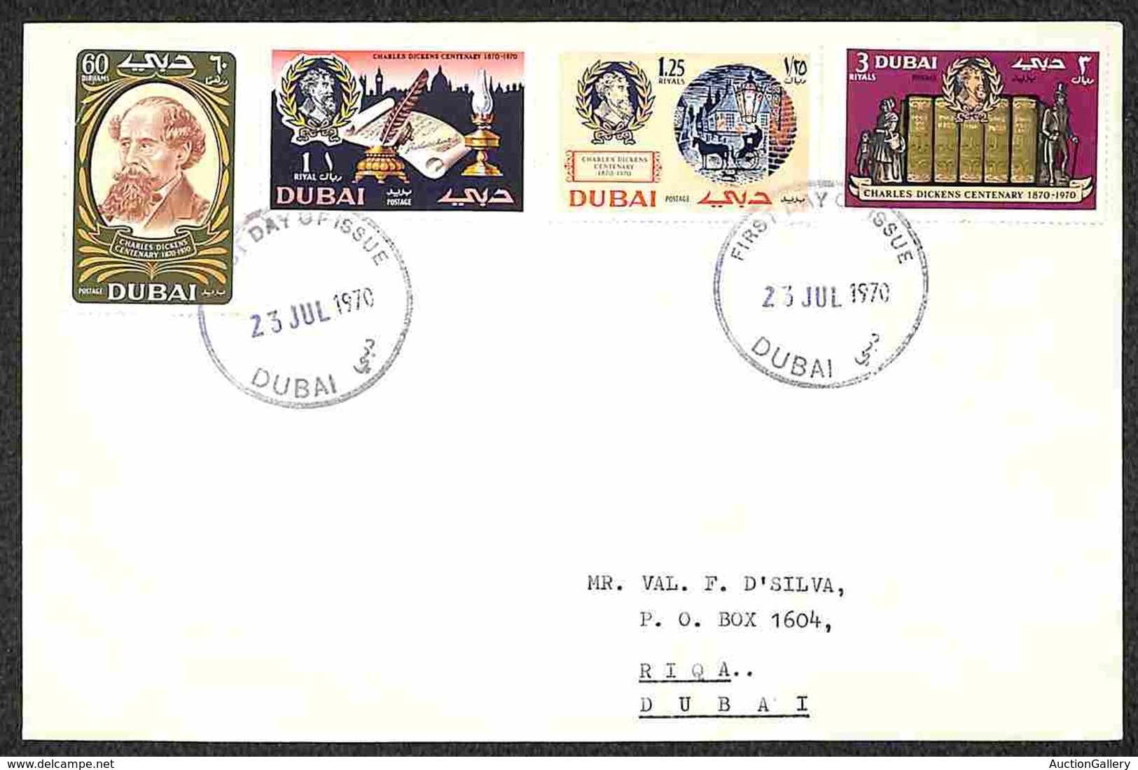 DUBAI - 1970 - 100 Anni Dickens (371/374) - Serie Completa Su Busta Con Annulli FDC - Autres & Non Classés