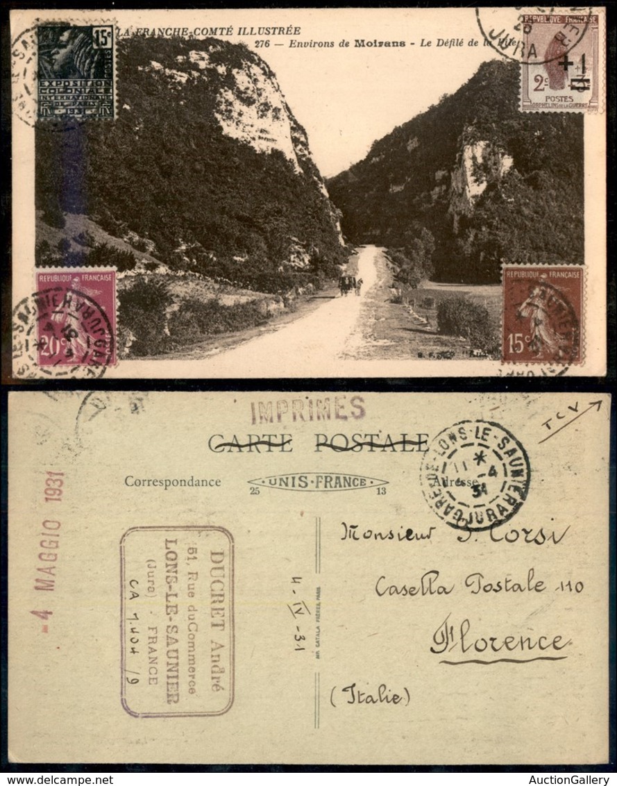 FRANCIA - Cartolina Da Lons A Firenze Del 4.5.31 - Affrancata Al Recto (144 + 184 + 185 + 257) - Autres & Non Classés